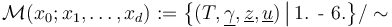{\mathcal  {M}}(x_{0};x_{1},\ldots ,x_{d}):={\bigl \{}(T,\underline {\gamma },\underline {z},\underline {u})\,{\big |}\,{\text{1. - 6.}}{\bigr \}}/\sim 